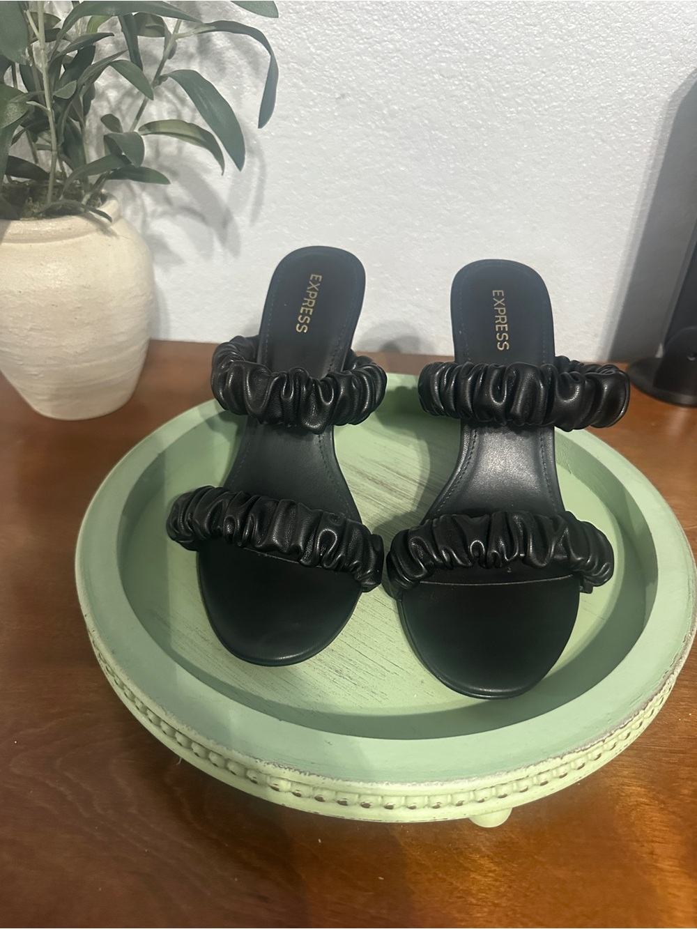 Express Black Ruched Double-Strap Slide Wedges-Size 8